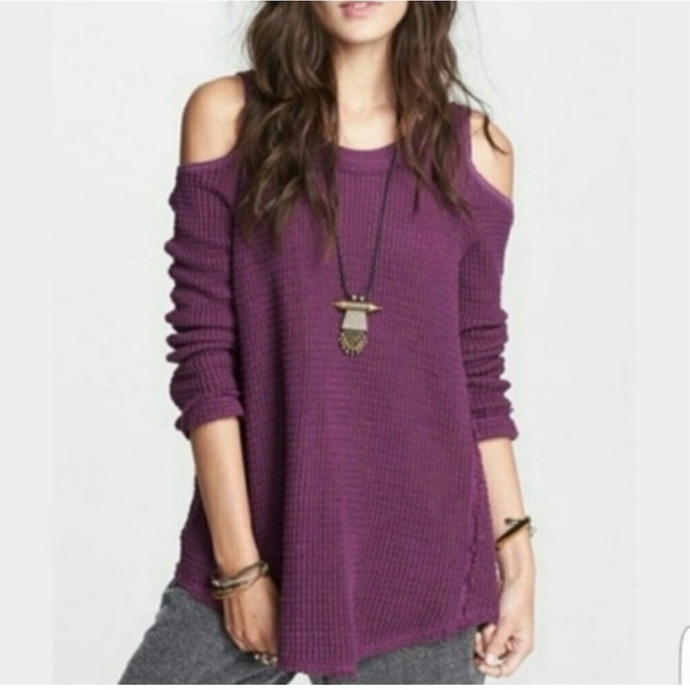 Free People Sweater Womens XS Purple Waffle Knit Cold Shoulder Tunic Top NWT - Picture 2 of 14